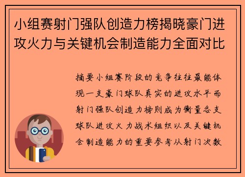 小组赛射门强队创造力榜揭晓豪门进攻火力与关键机会制造能力全面对比